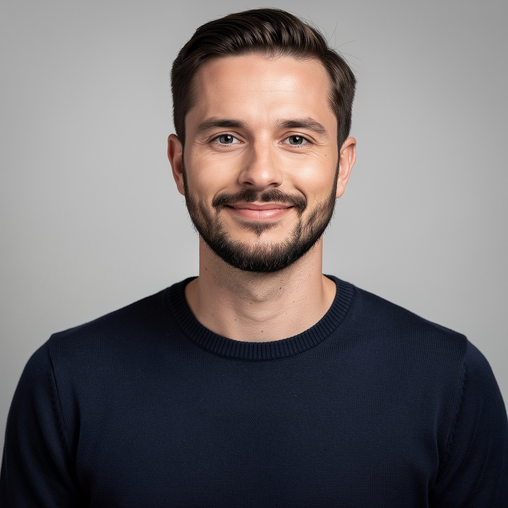 Studio portrait of a young Belgian man management researcher