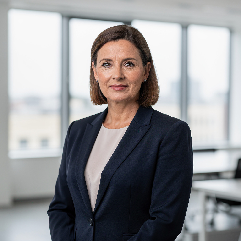 Belgian business leader addressing her team in a modern office